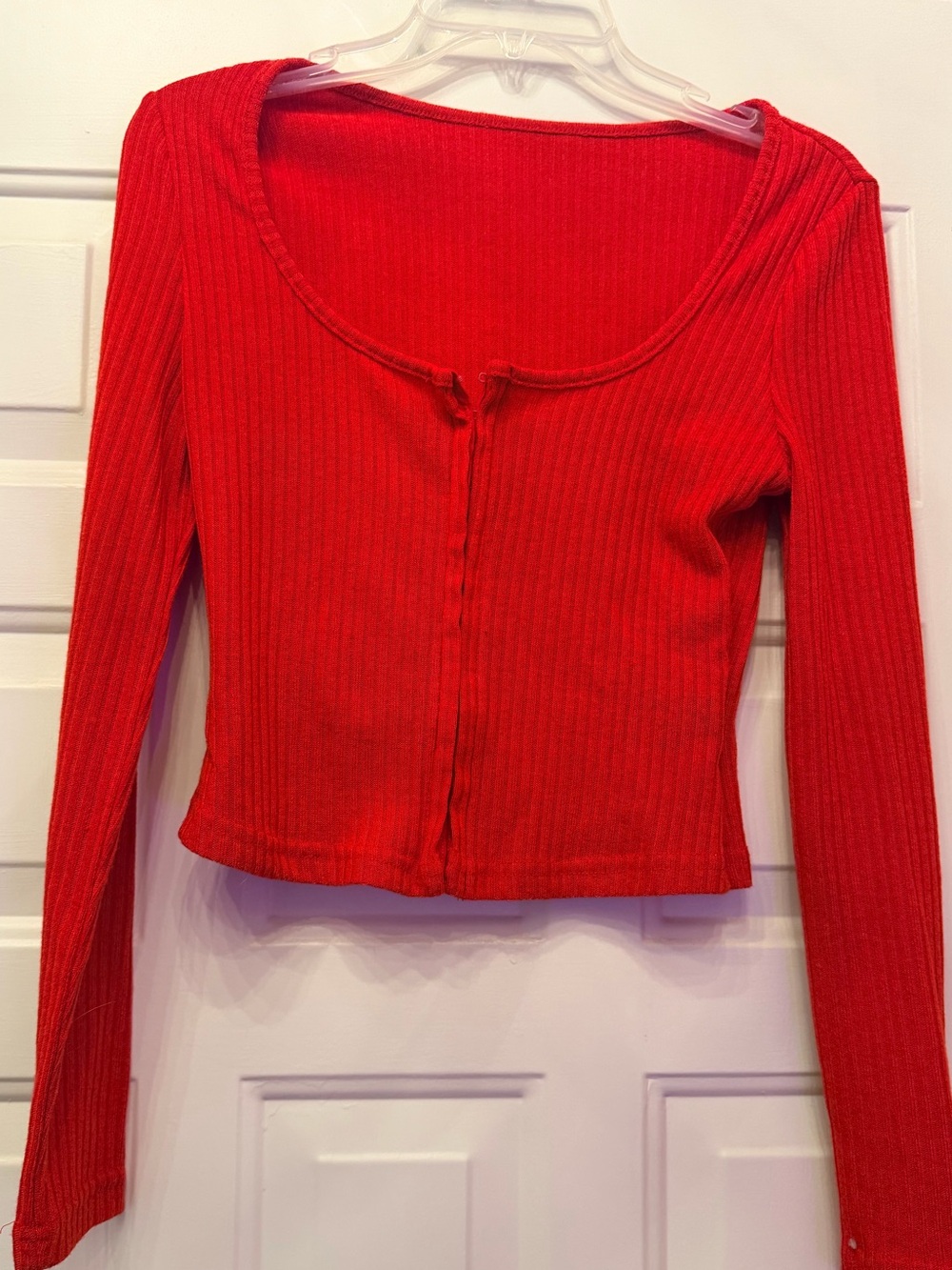 Women’s Red Ribbed Long-Sleeve Crop Top